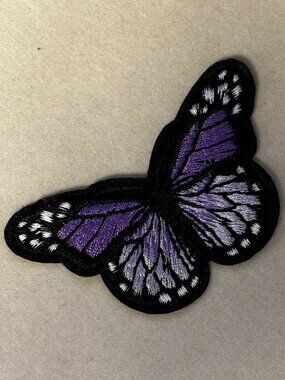 Purple Butterfly Embroidered Patch Iron-On Appliqué Black White Detail